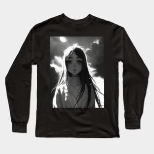 Elegant Monochrome: Captivating Black and White Anime Girl Art Gothic Fashion Goth Dark Long Sleeve T-Shirt